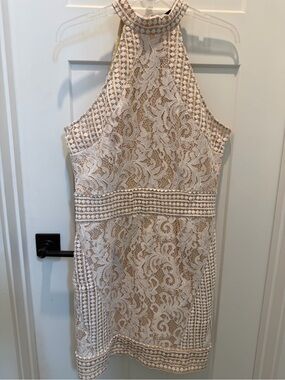 PrettyLittleThing Cream Lace Halter Mini Dress